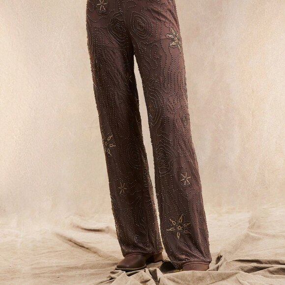 Brown Boho Women's Seaside Trousers with Floral Sequins - Picture 5 of 7